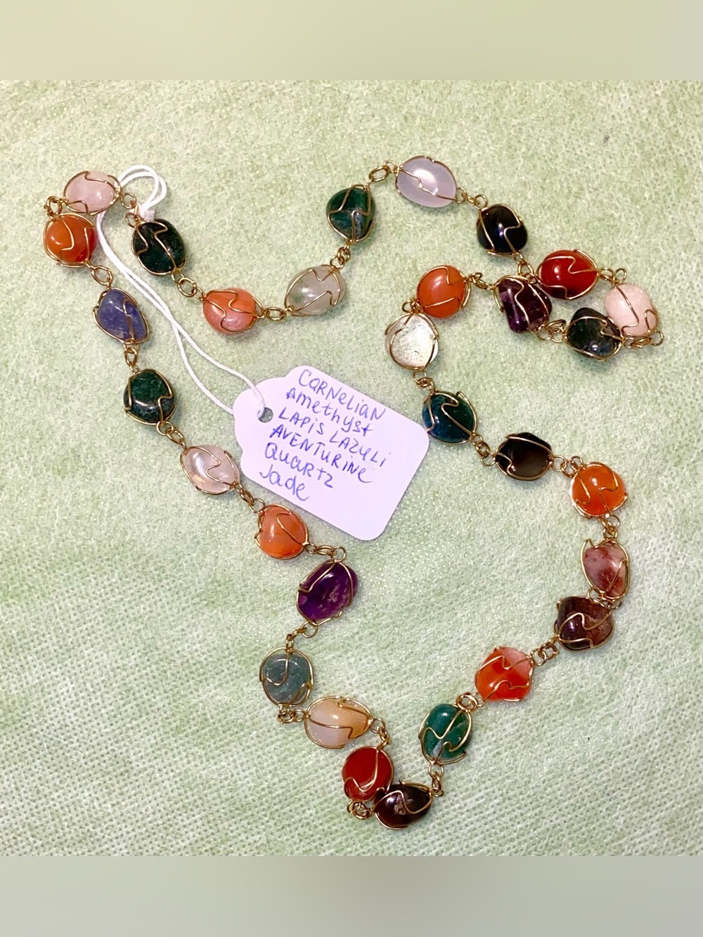 Multi-Gemstone Gold Wire-Wrapped Necklace - Multicolor. Vintage. Natural stones